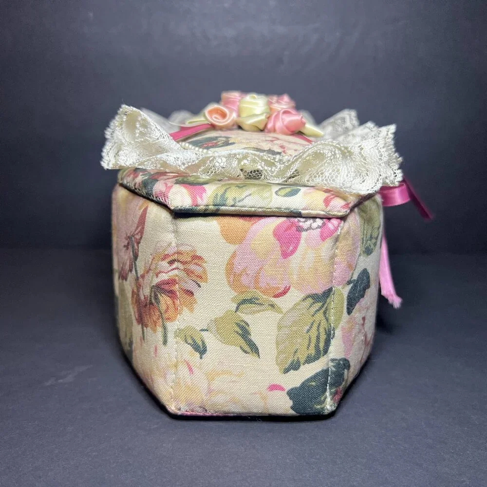 Vintage Ruffled Lace Ribbon & Floral Applique Fabric Octagon Jewelry Trinket Box